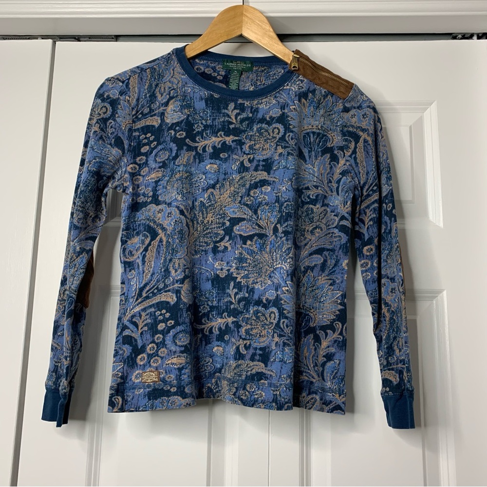 LRL Lauren Jeans  100% Cotton Petite Blue Floral Long Sleeve Top Size PL